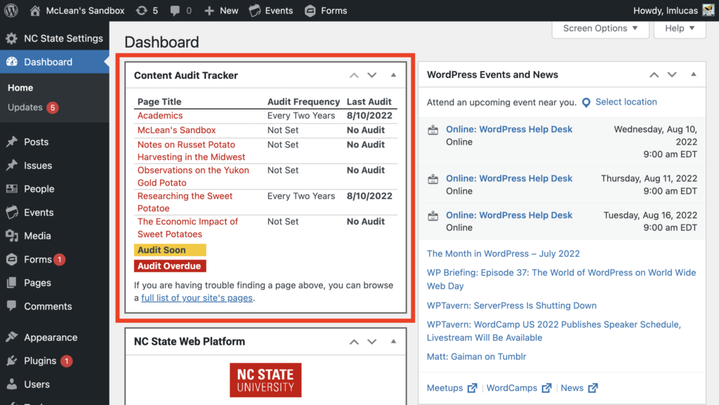 Screenshot of the Content Audit Tracker found in the WordPress Dashboard
