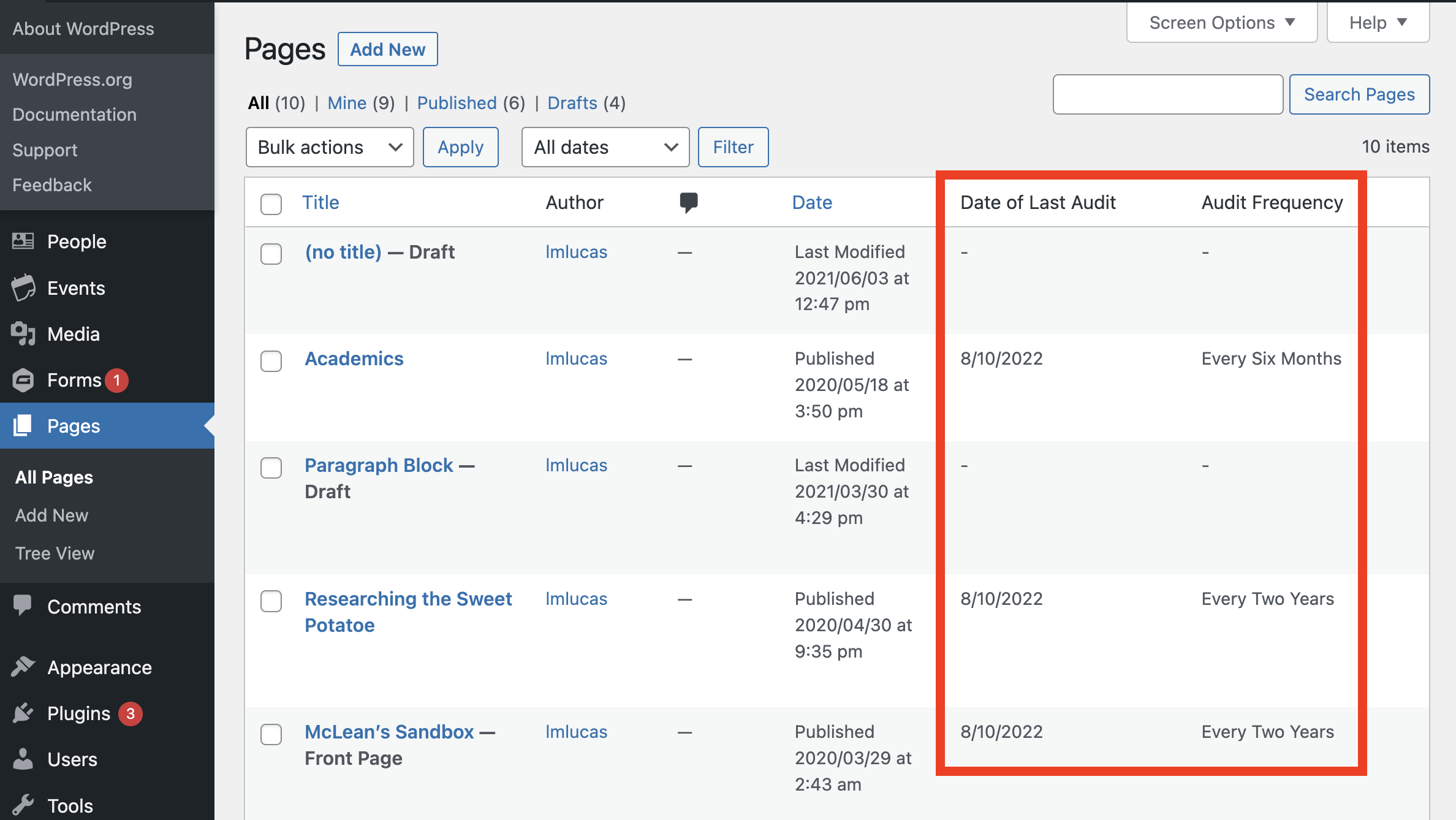 Screenshot of the content audit columns found in the Pages section of the WordPress Dashboard. 