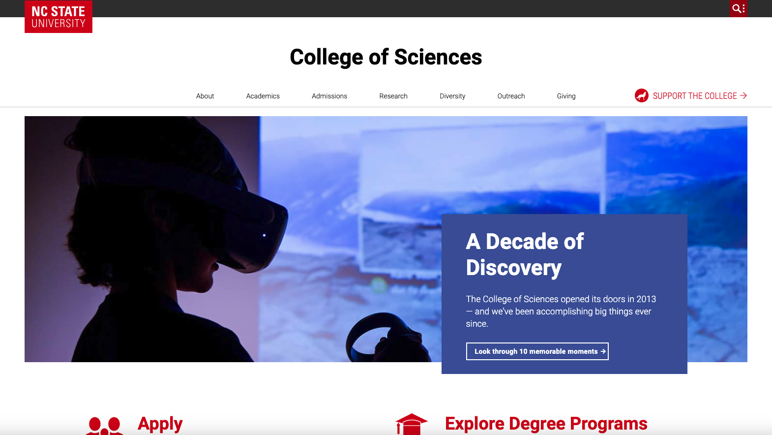 The homepage of the College of Sciences website.