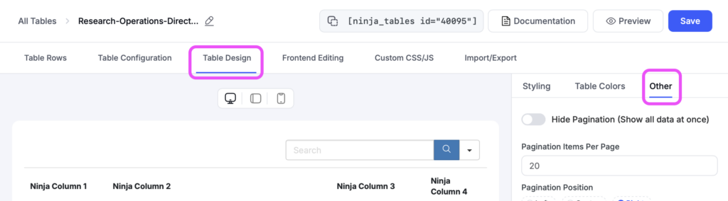 Screenshot showing where to add CSS to increase table width.