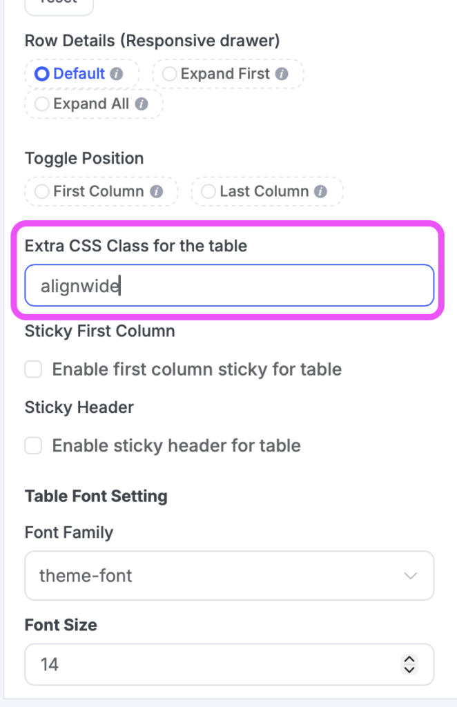 Screenshot showing where to add CSS to increase table width.