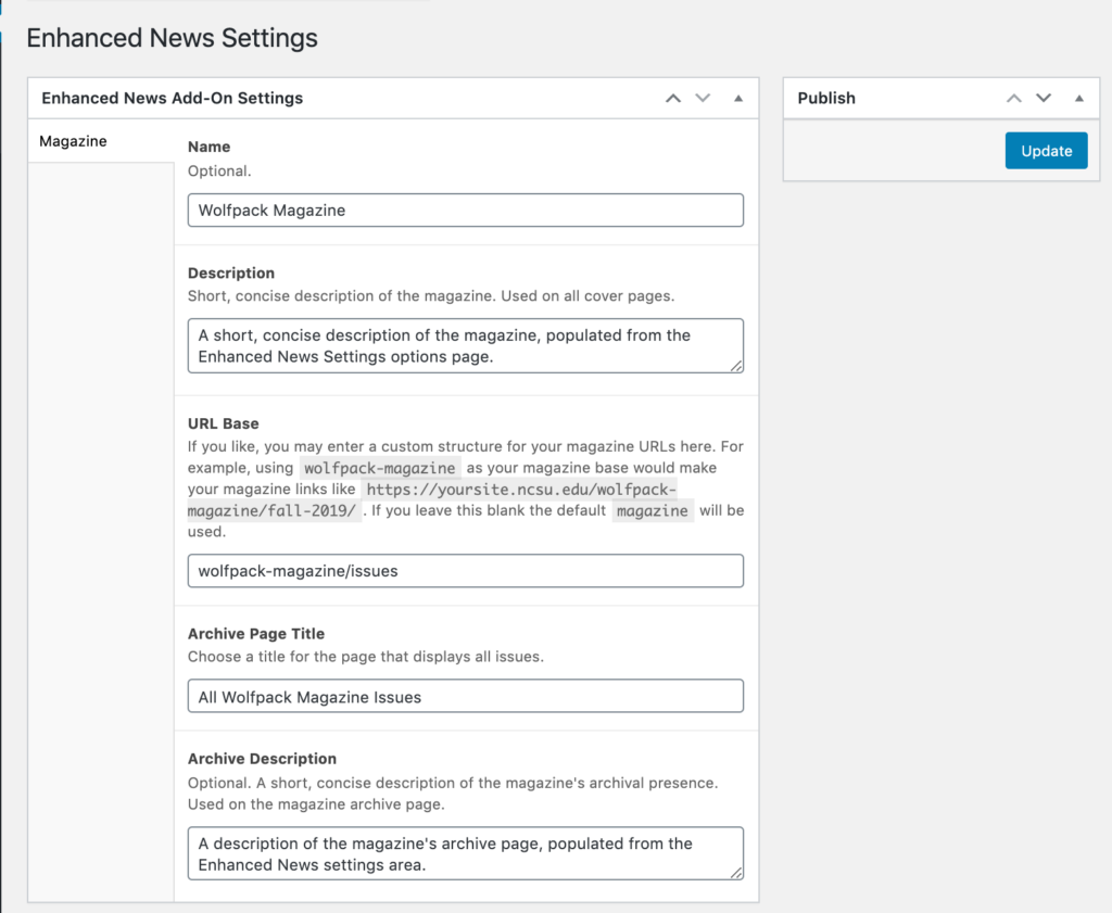 Screenshot of the platform-wide magazine settings page