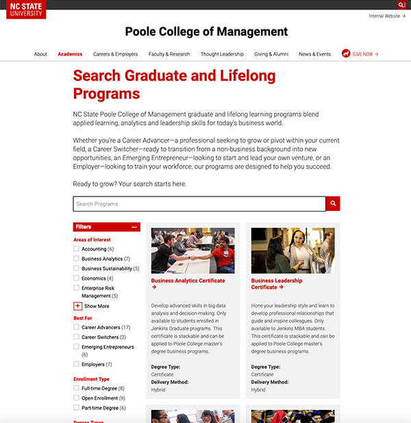 Screenshot of front-end interface of academic programs post type