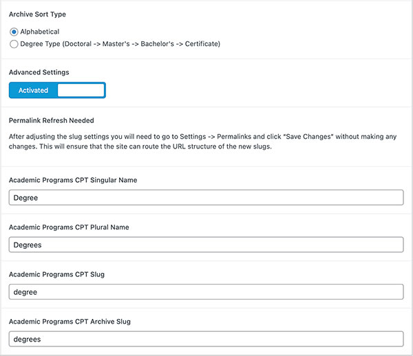 Screenshot of back-end settings to change sort order and post type name
