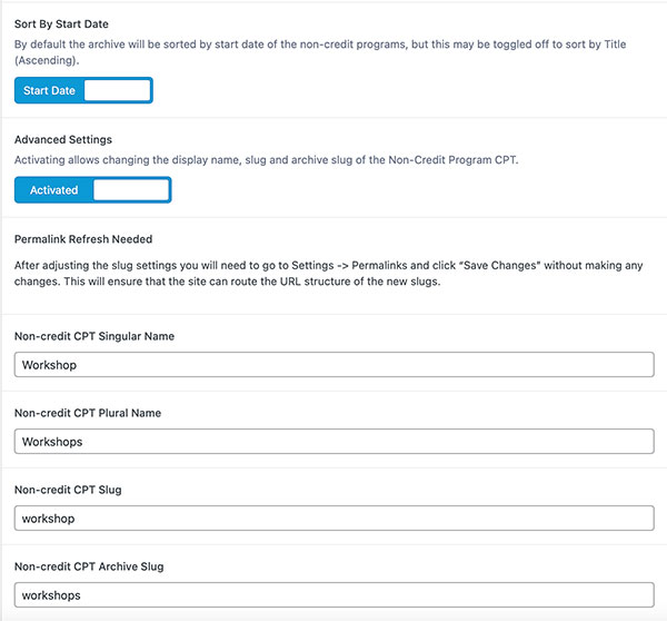 Screenshot of back-end settings for non-credit program post type.
