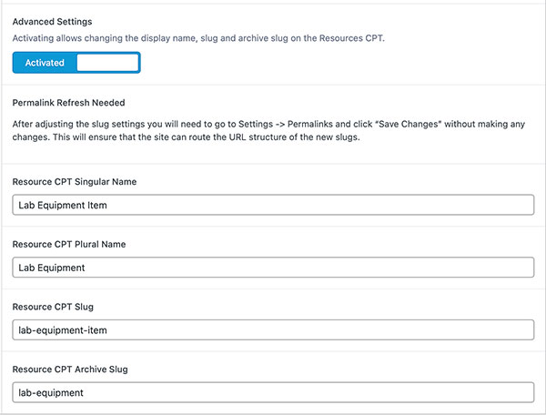Screen shot of settings to update the resources post type name and permalink structure