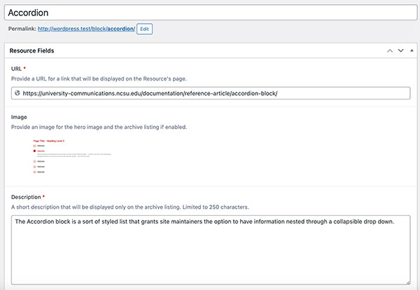 Screenshot of edit screen for Resources post type