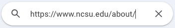 A screenshot of the Google Search Console URL inspection bar showing the typed URL https://www.ncsu.edu/about/ with an X icon on the right to clear the field.