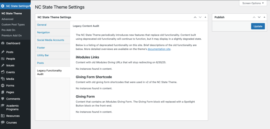 Screenshot example of the Legacy Functionality Audit tool