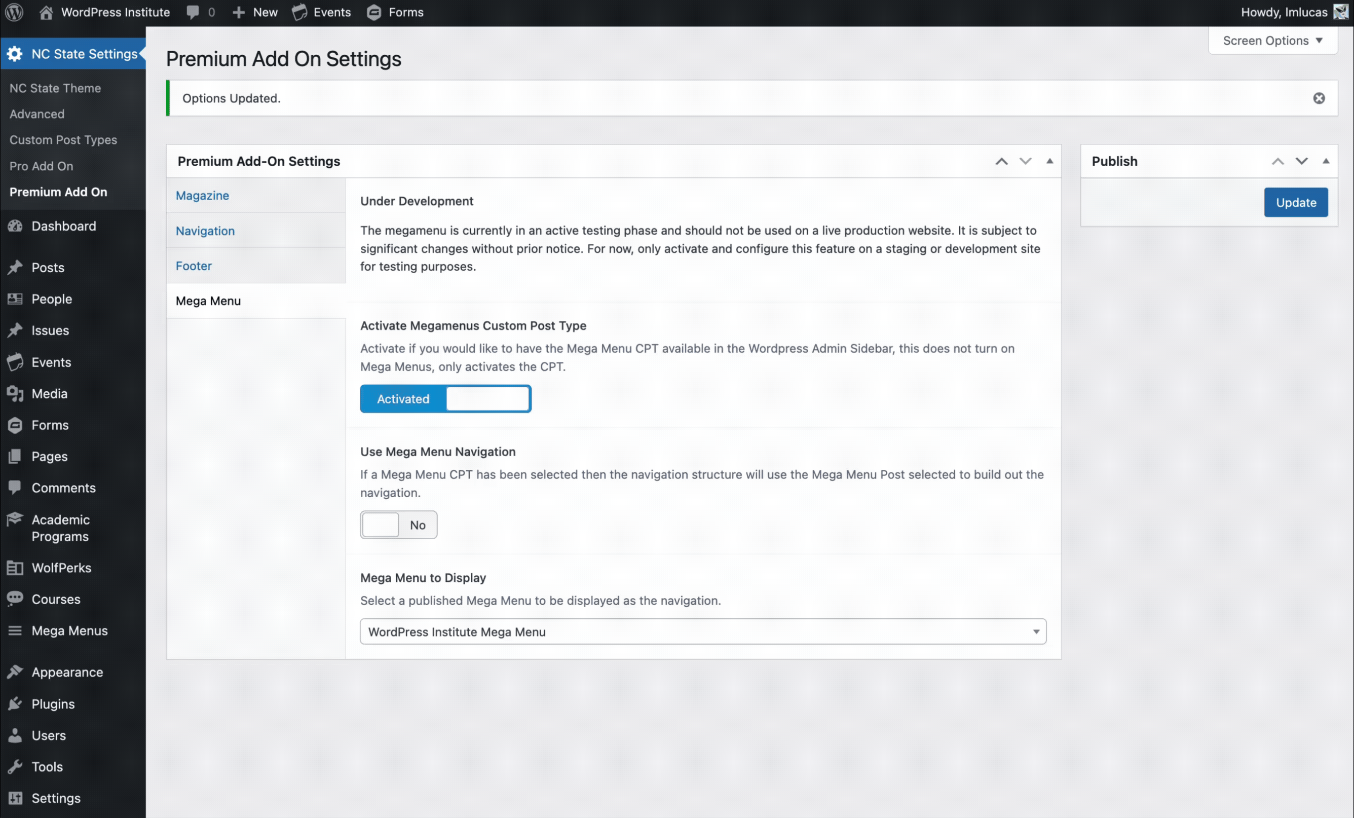 GIF demoing enabling the mega menu on a site