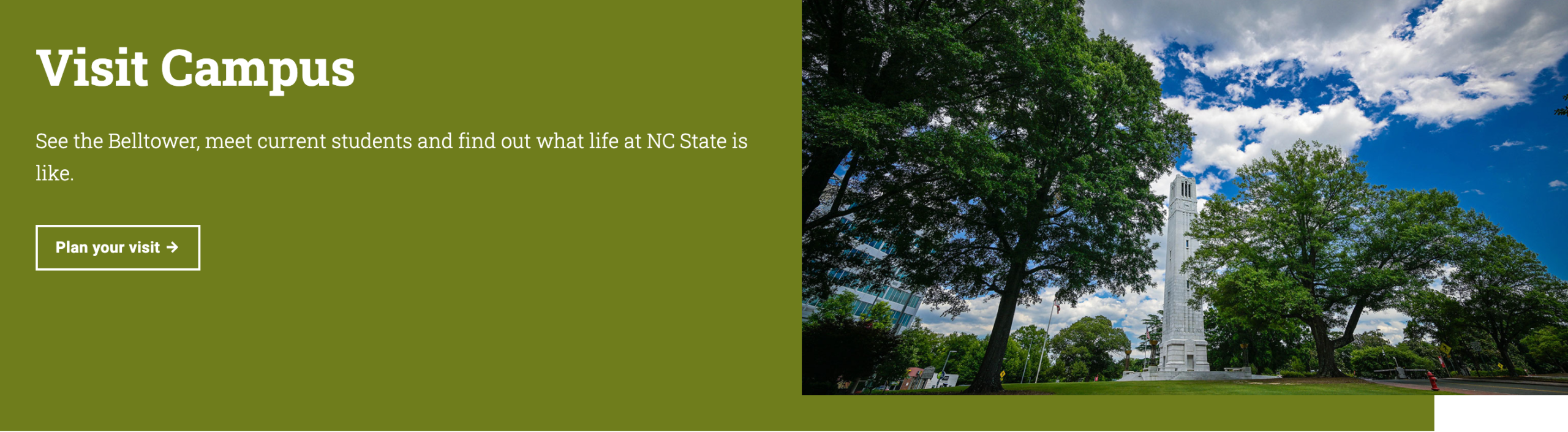 A Spotlight block with the heading "Visit Campus," a teaser and a "Plan your visit" button on a green background, next to a photo of the Belltower.
