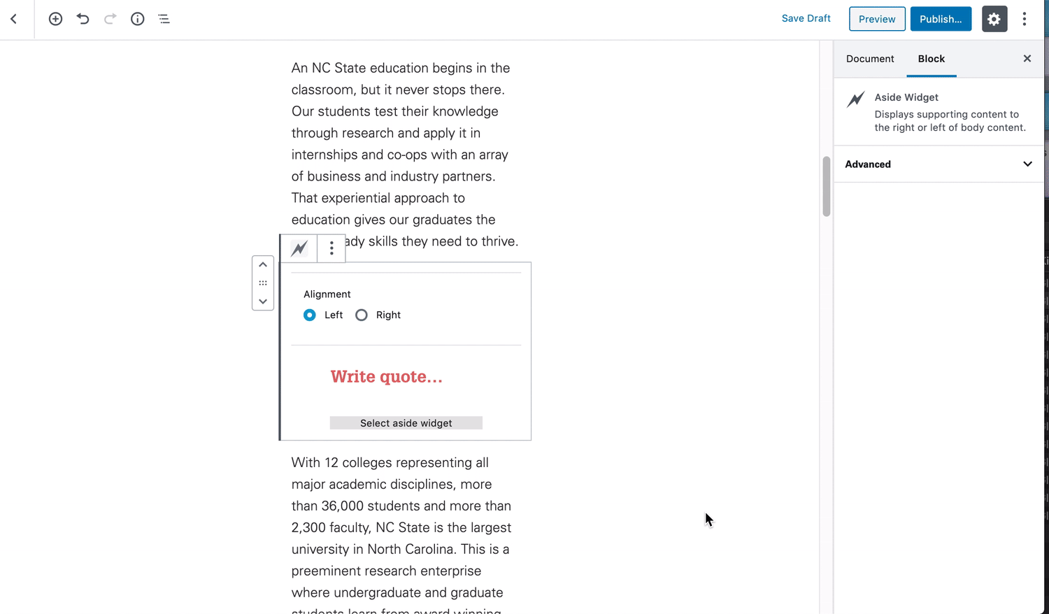 A GIF demonstrating the Pullquote option within the Aside Widget.