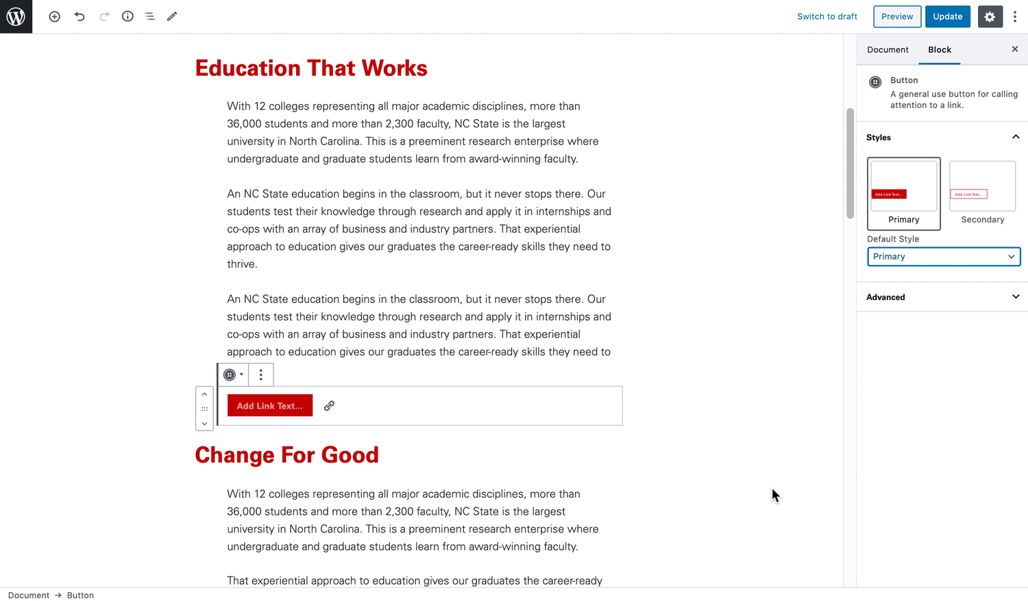 A GIF demonstrating how to add text to a button block by clicking on the button block, and adding a hyperlink by clicking on the "link" icon.
