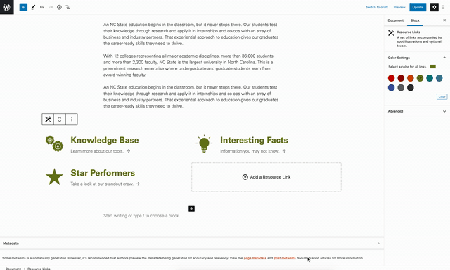 GIF demoing adding additional resource links and adjusting styling for an Icon Links block