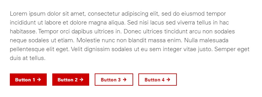 A screenshot of 4 buttons underneath a section of paragraph text, each with different styling available through the advanced options for the block.