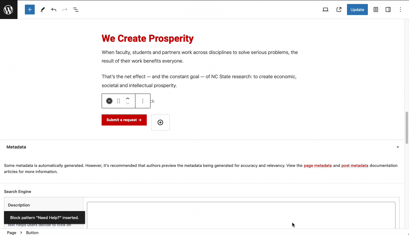 Gif demoing adding a pattern to a page in WordPress