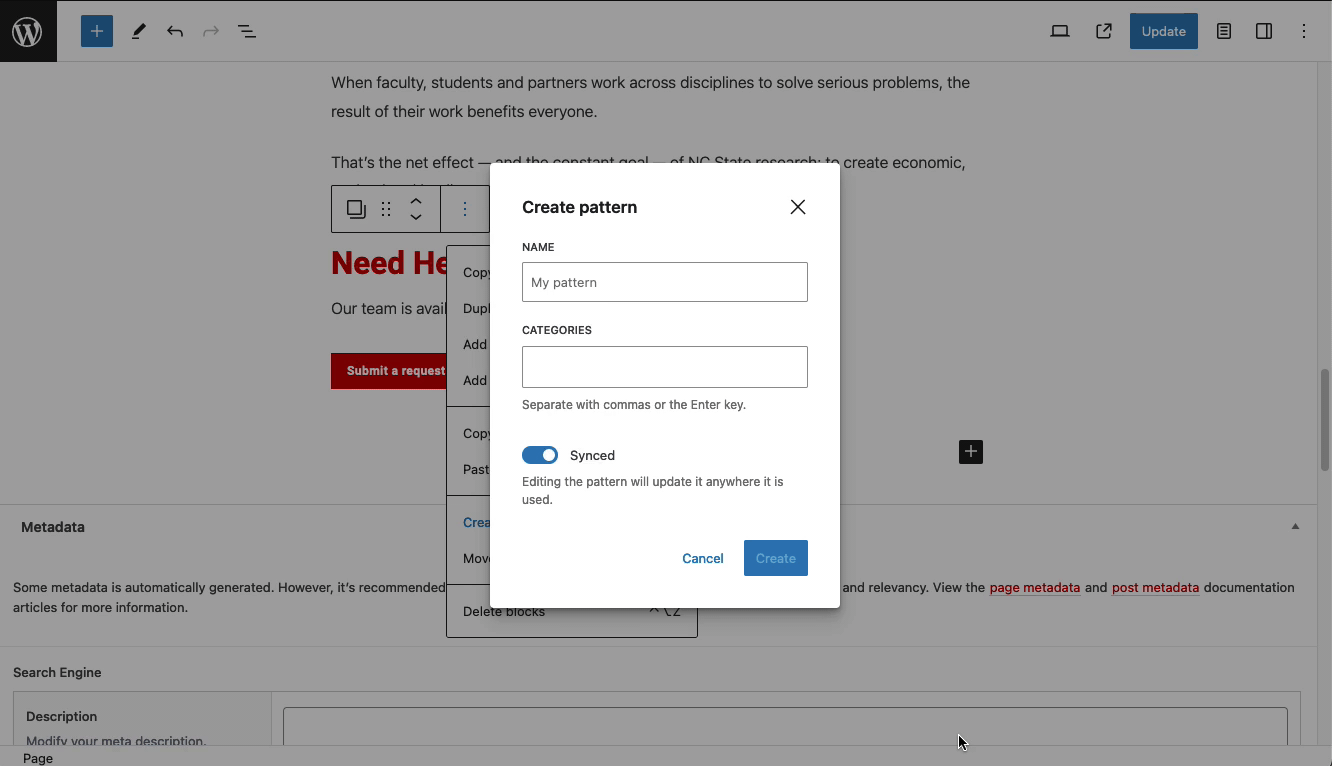 Configuring settings for a WordPress patern