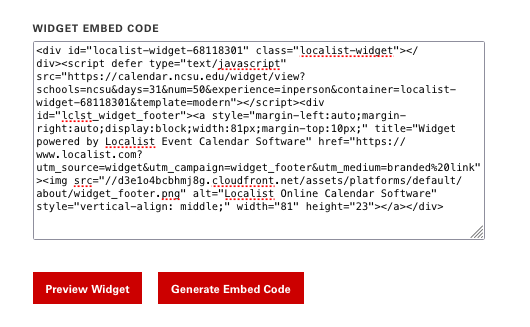 Example of embed code for a Calendar Widget