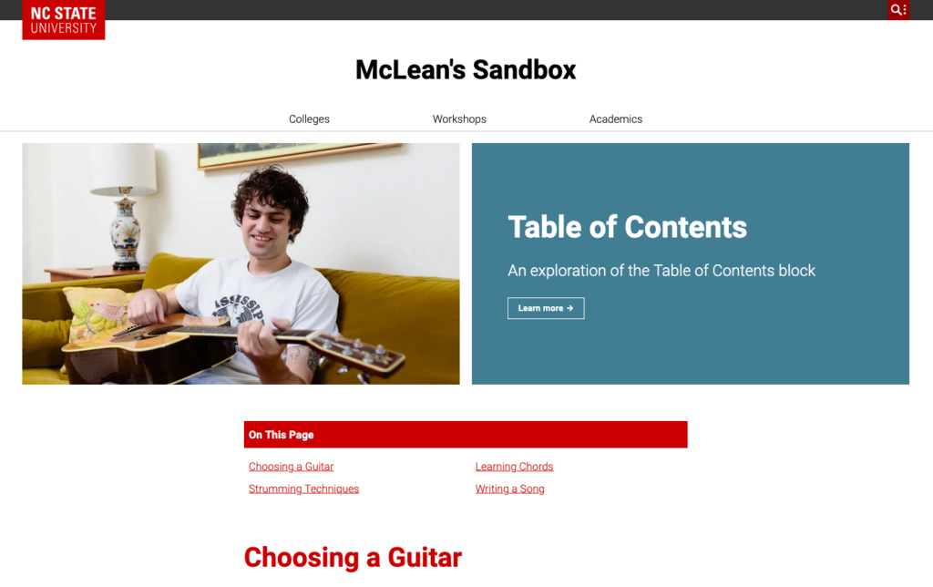 An example of the Table of Contents block
