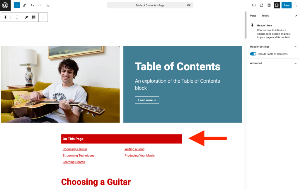 Example of table of contents in the WordPress editor