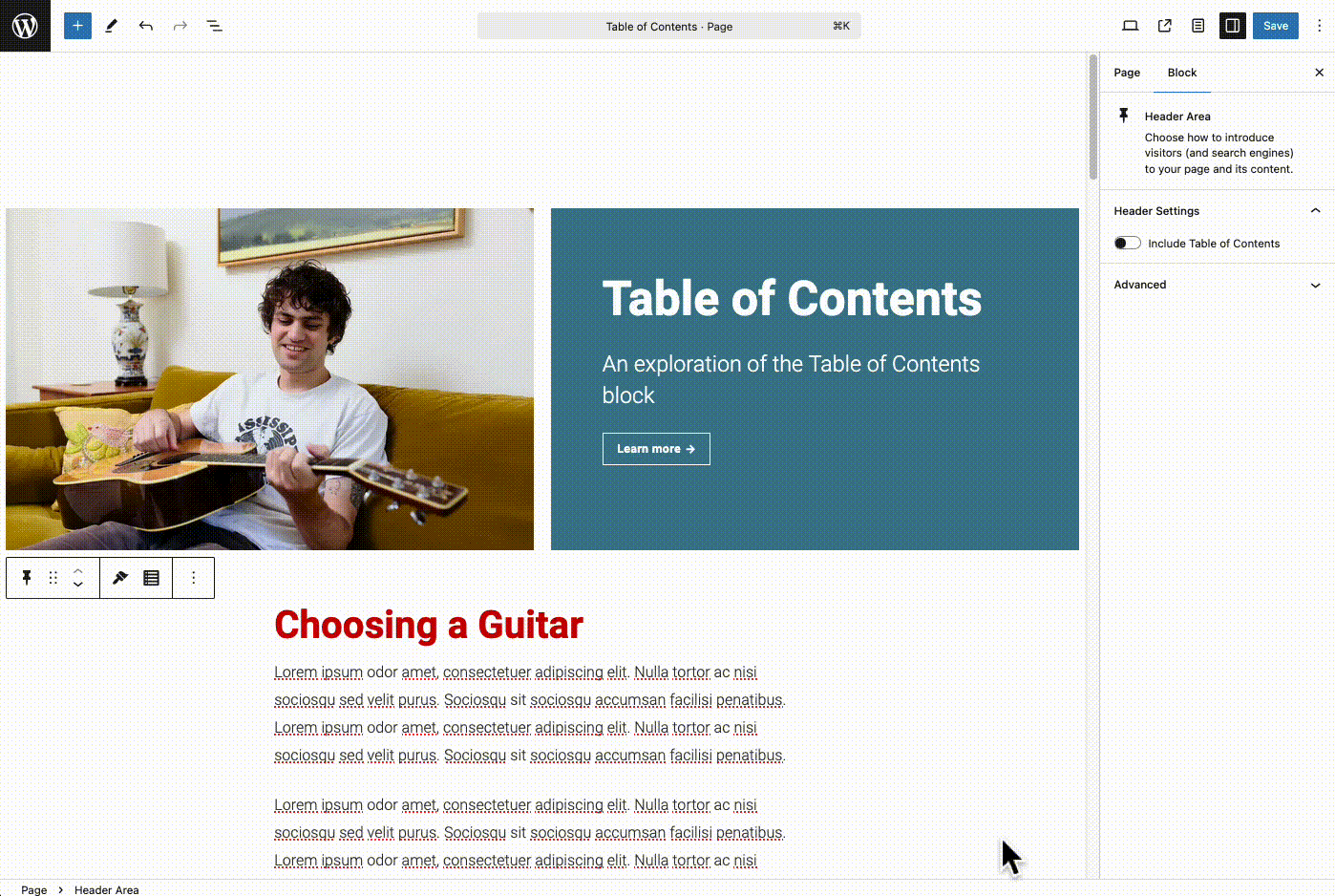GIF demoing toggling the Table of Contents block on