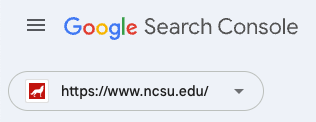 A screenshot of the Google Search Console top navigation, showing a red wolf icon next to the property https://www.ncsu.edu/ in a dropdown list.