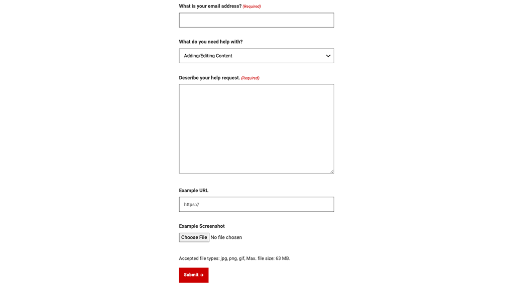 A form with several fields and an upload section that capture information from a user having a web site issue.