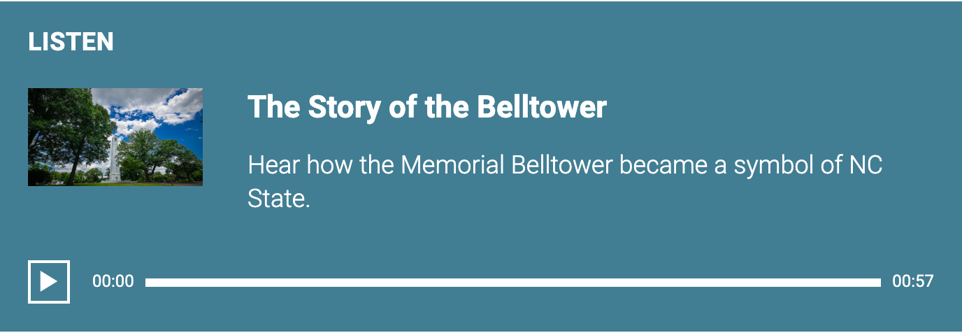 An Audio block labeled "Listen" with a photo of the Belltower, the heading "The Story of the Belltower," a short summary and a play button with a progress bar.