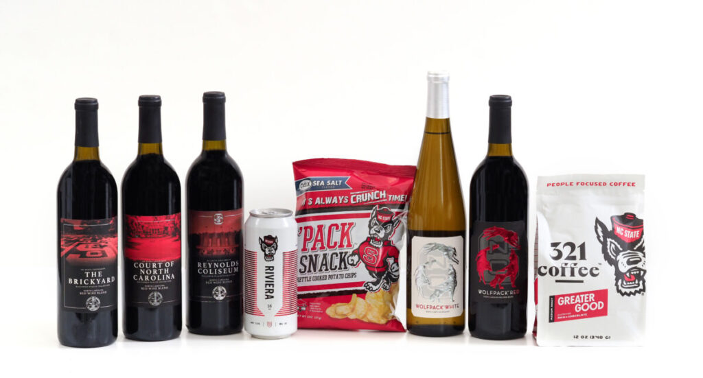 A selection of food and beverage products that use NC State trademarks.